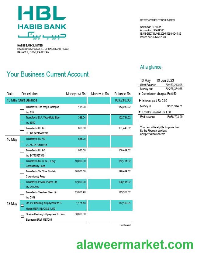 HBL Bank firm account statement Word and PDF template